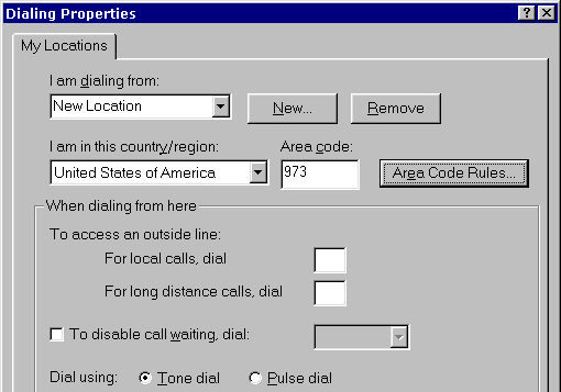 screenshot of Dialing Properties in Win98/ME